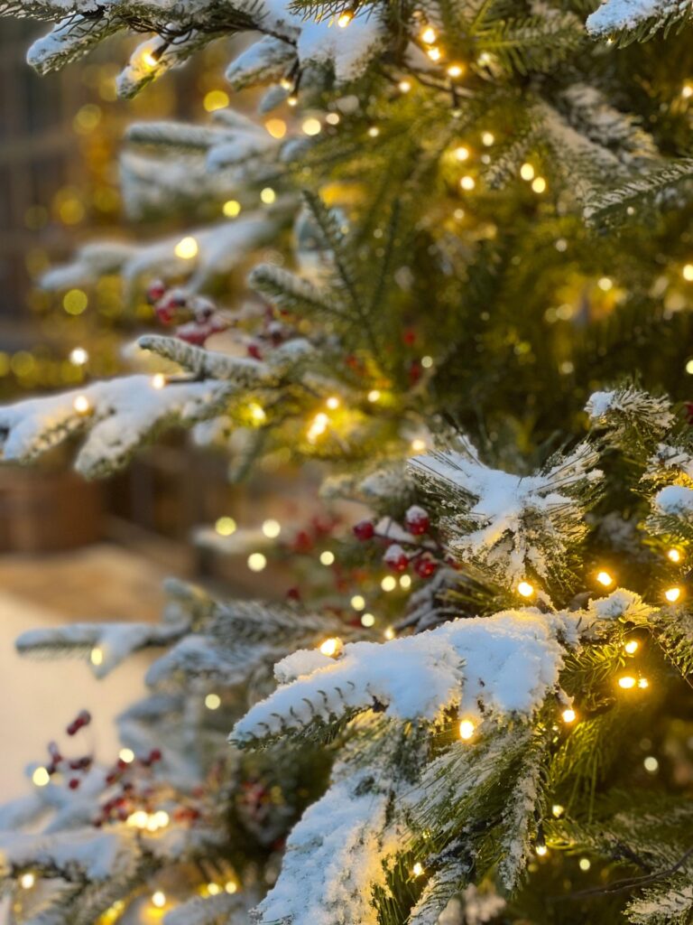 Works Christmas party ideas picture with a Christmas tree with snow on